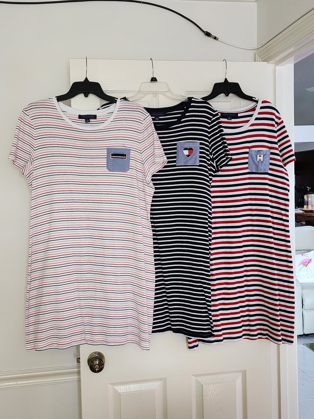 Tommy Hilfiger Womens Striped Short Sleeve SweaterDress Trio - White, Navy & Red